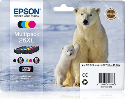 Produktbild von Epson Polar bear Multipack 4-colours 26XL Claria Premium Ink, Schwarz, Cyan, Magenta, Gelb, Tinte auf Pigmentbasis, Tinte auf Farbstoffbasis, 12,2 ml, 9,7 ml, 1 Stück(e)