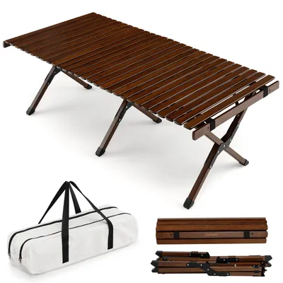 Immagine prodotto di COSTWAY Tavolo da campeggio in bambù arrotolabile, tavolo da picnic pieghevole con borsa per il trasporto, tavolo pieghevole portatile per campeggio, barbecue, picnic, giardino (caffè)