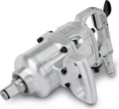 A silver pneumatic impact wrench with a black trigger and handle grip, shown from a three-quarter angle against a white background.