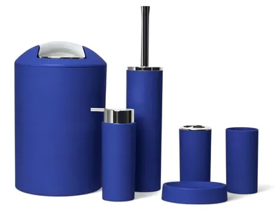 Produktbild von 6tlg Badset Badezimmer Zubehör Set Organizer: (Dunkelblau Design 2a) Seifenspender, Zahnputzbecher, Kosmetikeimer, WC Bürste, Seifenschale, Mülleimer