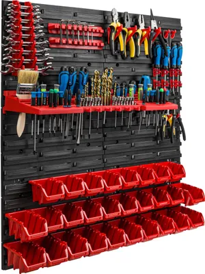 Immagine prodotto di Sistema di stoccaggio Scaffale da officina | 78 x 78 cm | 28 pezzi Scatola | Scaffale a muro con supporti per utensili e contenitori impilabili - Pannelli a muro Scaffale extra forte Scaffale forato per utensili Scaffale da magazzino Scaffale da garage