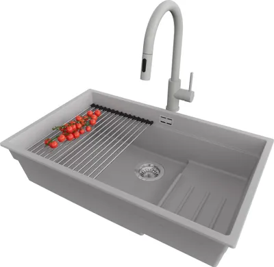 Produktbild von PRIMAGRAN Granitspüle Grau 76x47cm, Spülbecken 1 Becken + Küchenarmatur 40x20cm + Ablauf-Set + Küchenzubehörset, Küchenspüle ab 80er Unterschrank - Praga Slim