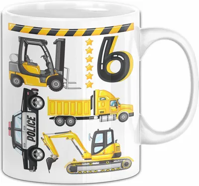 Produktbild von 6. Geburtstag Geschenk Tasse Becher Jungen Jungs Baustelle Polizei Geburtstagsgeschenk 6 (Weiß)