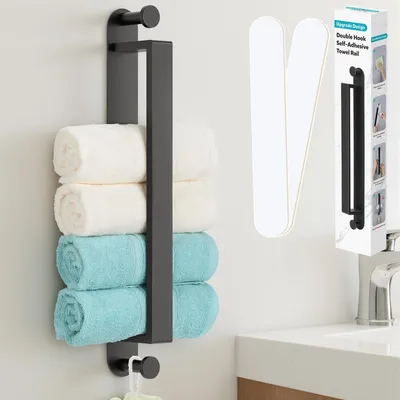Image de Porte-serviettes sans perçage, en acier inoxydable 304, avec double crochet, porte-serviettes multifonctionnel pour les invités, porte-serviettes de bain pour la salle de bains et la cuisine, noir mat