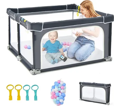 Obrázok produktu pre Detská ohrádka COSTWAY 124 x 124 cm skladacia, prenosná ohrádka s 50 loptičkami, 4 držadlá, funkcia uzamykania, preliezacia bránka so sieťovanými stenami a dverami, detský stan pre bábätká a deti (tmavo sivá)