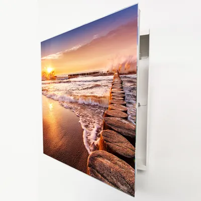 Produktbild von Schlüsselkasten Weiß Metall, Meerwellen Strand Motiv hinter Glas, Moderne Schlüsselbox linksöffnend, 32x28x6,5 cm, 20 Haken für Ordnung im Flur.