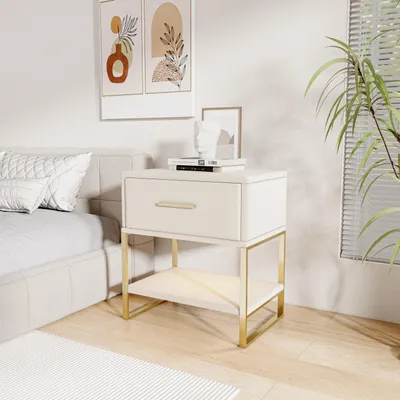 Immagine prodotto di Comodino in velluto (set di 2), maniglie e gambe dorate, 40 x 31 x 50 cm, beige