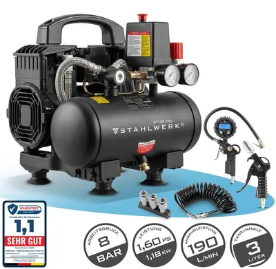 Produktbild von STAHLWERK Kompressor mit 3 L Tank (ST-38 Pro) Set ölfrei & leise 8 bar Brushless