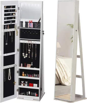 Obrázek produktu pro Šperkovnice se zrcadlem - Volně stojící - LED osvětlení - Uzamykatelná - 38 x 38 x 157 cm - MDF a sklo - Bílá