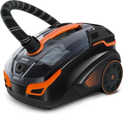 A black and orange vacuum cleaner is shown against a white background.