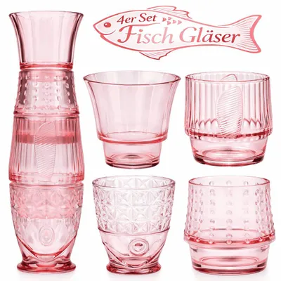 Produktbild von 4 Trinkgläser Fisch Form Gläser Set Wassergläser Wasserglas Trinkglas Rot 730ml