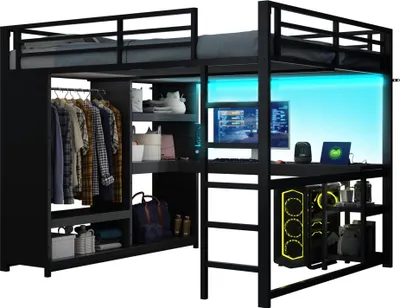 A loft bed with a desk and storage, featuring LED lighting.