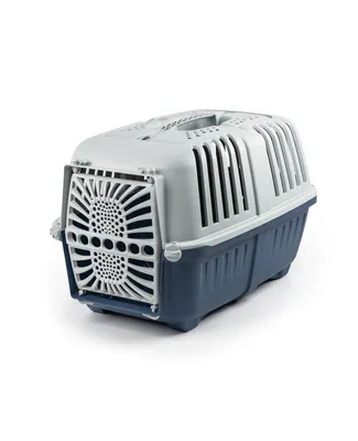 Image de lionto Caisse de transport pour animaux, caisse de transport robuste en plastique avec système de fermeture sûr & aération optimale, 48x31,5x33 cm, bleu foncé