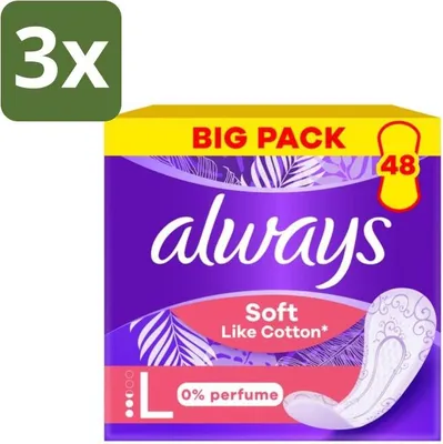 Immagine prodotto di Always – Salvaslip – Morbidi come il cotone, lunghi, 0% profumo – 48 salvaslip - Confezione risparmio - 3 pezzi
