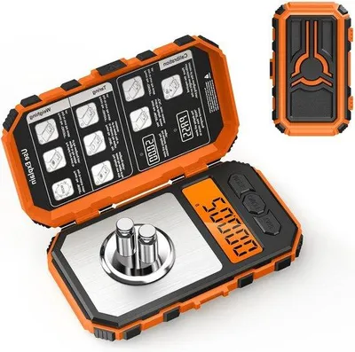 Imagen del producto de Báscula digital personal, tamaño mini, color naranja, precisión de 10 gramos, pantalla LCD, función de tara, pesos de calibración