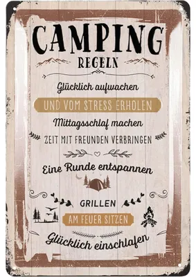 Produktbild von Retro Blechschild Camping Regeln Schild - Camper Geschenke für Wohnmobilfahrer als lustige Wohnwagen Deko - vintage Metallschild 20x30cm