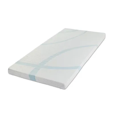 A white mattress topper with light blue wavy lines is shown on a white background.