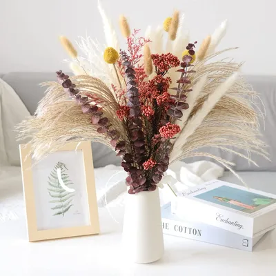 Produktbild von Pampasgras Trockenblumen,43 Stück Getrocknete Pampasgras-Dekoration,100% natürlichen Pampasgras,8 Sorten Pampasgras Trockenblumen für Hause