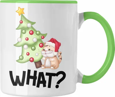 Produktbild von Trendation - Lustige Katzen Tasse Weihnachten Grafik Geschenk für Katzen-Besitzer What? Kaffee-Becher (Grün)