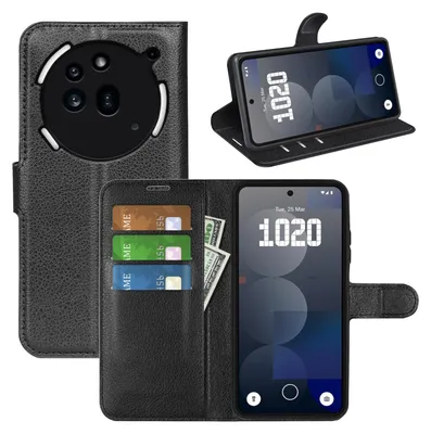 A black leather wallet-style phone case with a phone inside, showing credit cards and cash.