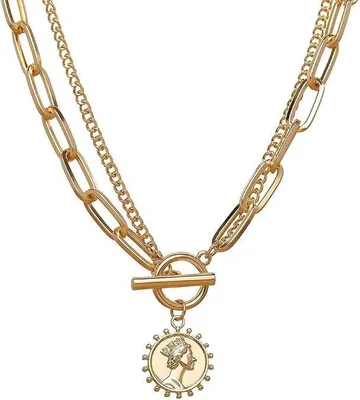 Produktbild von SDFWGG 2 Ketten Layering Halskette Damen Doppelband Choker mit Coin Anhänger Boh