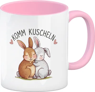 Produktbild von Komm kuscheln Kaffeebecher in rosa mit Kaninchen