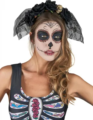 Produktbild von Dia de los Muertos Kopfschmuck mit Schleier und Rosen Halloween-Accessoire