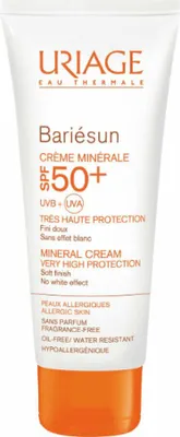 A white tube of Uriage Bariésun Mineral Cream SPF50+ with an orange cap.