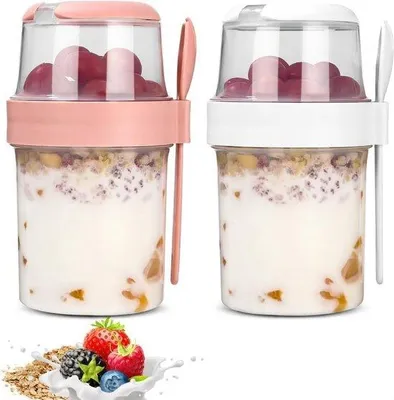 Produktbild von Famanu Müslibecher To Go - Doppelwandiger, auslaufsicherer Yogurtbecher mit Löffel - 310 ml + 560 ml