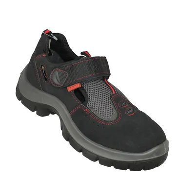 A single black safety sandal with red accents and a gray sole is shown against a white background.