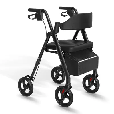 Image de Déambulateur pour personnes âgées - Aide à la marche avec siège - Pliable - Cadre en aluminium léger - Roues de 20 cm - Noir