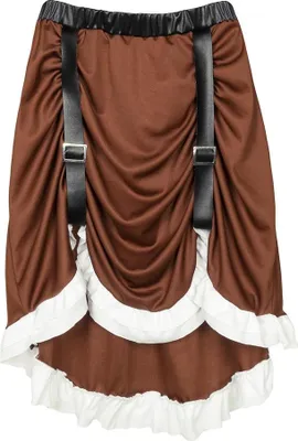 A brown skirt with white ruffles and black suspenders, presented against a white background.