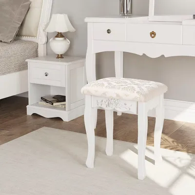 Zdjęcie produktu dla Happiq Stołek do sypialni - tapicerowany stołek toaletowy - 40 x 30 x 50 cm - biały - styl barokowy - stołek