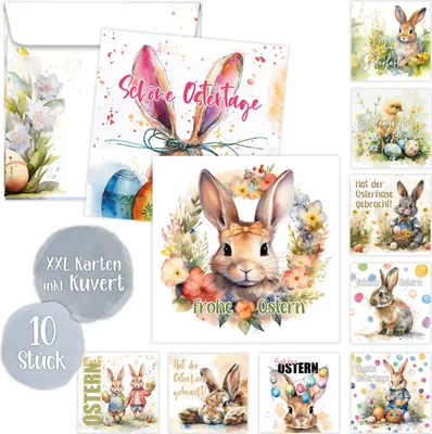 Produktbild von Osterkarten mit Umschlag 10er Set XXL – Bunte Frühlingsgrüße, Fröhliche Motive, Geschenkkarte Ostern 14,8x14,8 cm, in Deutschland designed & gedruckt