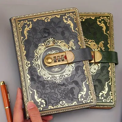 Zdjęcie produktu dla Kreatywny notes z zamkiem, wyjmowany dziennik, gruby notes, przybory szkolne (zielony trawiasty + szary)