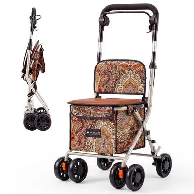 Productafbeelding van Rollator met grote opbergtas en zitplaats. Mobiclinic boodschappenwagen met zitplaats. Boodschappenwagen met mand van 21 liter. Opvouwbare Coliseo boodschappenwagen, 4 wielen, stalen frame
