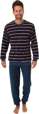 Produktbild von Herren Frottee Pyjama langarm Schlafanzug mit Bündchen in Streifenoptik - 291 101 13 578 ; marine , 54