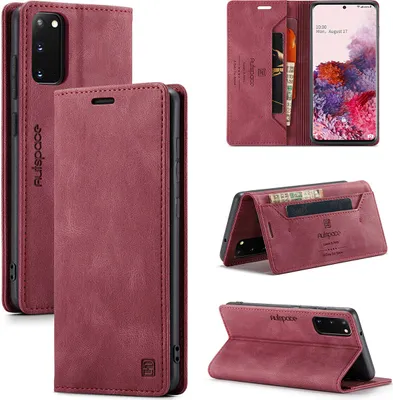 Produktbild von Samsung Galaxy S20 Brieftasche Hülle, Retro Kunstledertasche Stand Schutzhülle für Samsung Galaxy S20 Rot