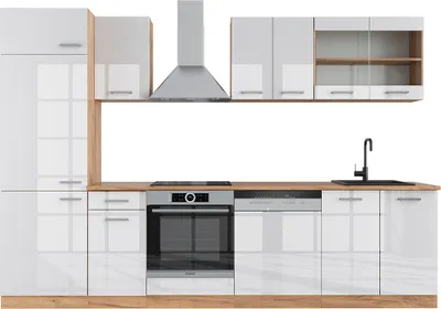 Produktbild von Küchenzeile Vicco R-Line Weiß Hochglanz/Goldkraft Eiche 300 cm ohne Arbeitsplatte, Model 37160