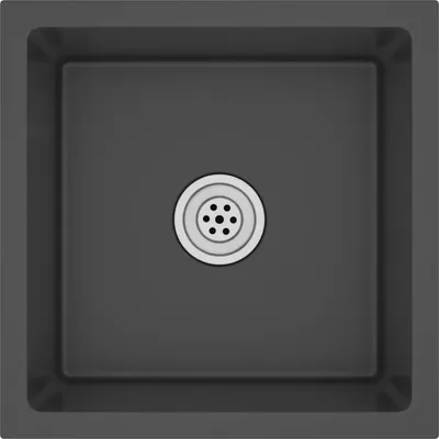 A top-down view of a black sink with a drain in the center.