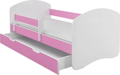 A white and pink children's bed with a pull-out drawer.