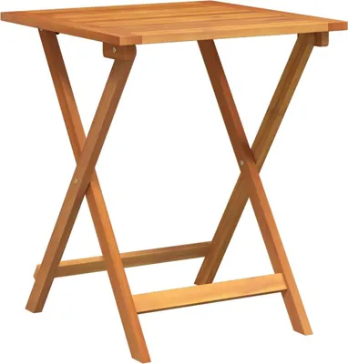 A wooden folding bistro table is shown against a white background.