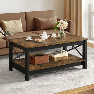 Produktbild von Balconera Couchtisch Schwarz, Wohnzimmertisch 2-stöckiger Dicker Holz Rechteckiger, X-Förmige