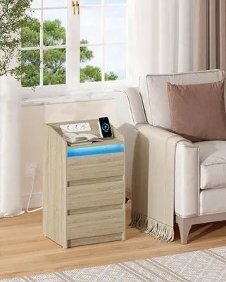 Image de Table de chevet avec station de charge, noire - 3 tiroirs - éclairage LED - mobilier de chambre à coucher moderne