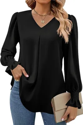 Produktbild von ASKSA Damen Bluse V-Ausschnitt Chiffon Plissee Laternenaermel Langarm Elegant Einfarbig Casual Locker Oberteile (Schwarz,XXL)
