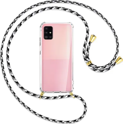 Produktbild von Handykette Backcover-Schutzhülle mit Band (Metall goldfarben) für Samsung Galaxy A51 5G (A516) - schwarz/grau/weiß