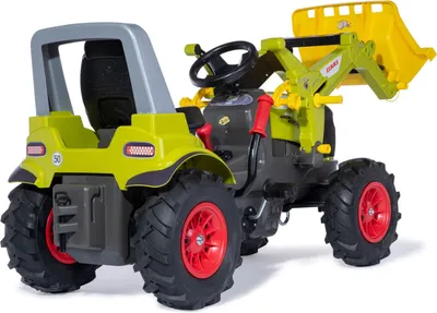 A toy tractor with a front loader.