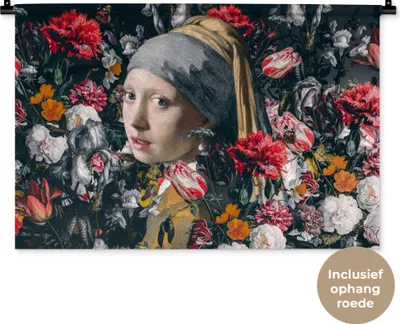 Produktbild von MuchoWow® Wandteppich Wandbehang Das Mädchen mit dem Perlenohrring - Johannes Vermeer - Blumen 90x60 cm Tapisserie Dekoration Wandtuch - Wandskulpturen - Bildteppich