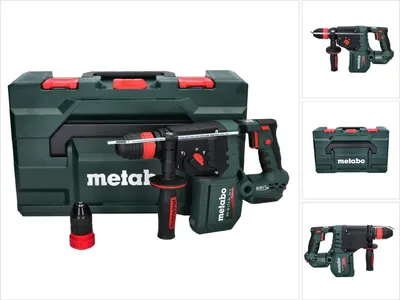 A collage of images showing a Metabo cordless hammer drill and its case.