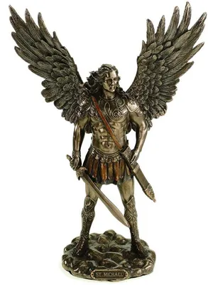 Image de Sculpture Unyqoos® de l'Archange Michel – figurine décorative et de collection en polyrésine avec finition bronze, peinte à la main, dimensions approximatives : 28 x 21 x 9 cm, symbole de protection
